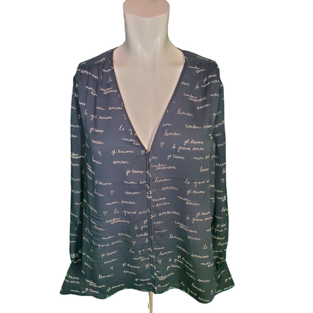 Joie Anthropologie Black Satin Graphic French Script Satin V-neck Blouse Sz M